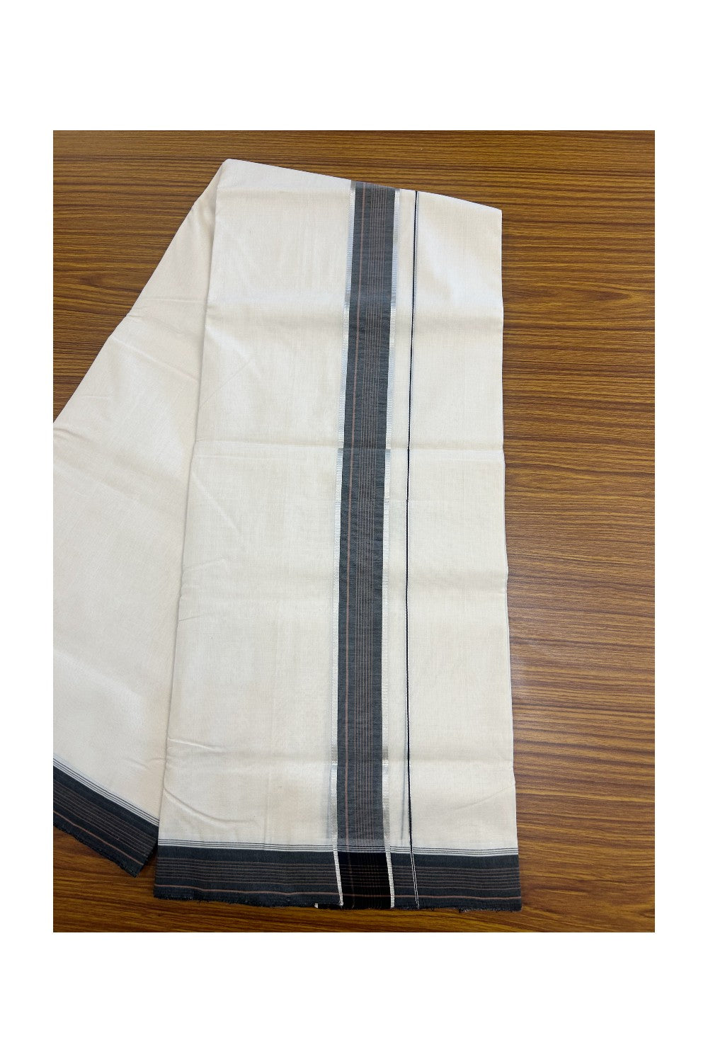 30% DISCOUNT!! KaithariKada HANDLOOM UNAKKUPAAV Balaramapuram - 100% PURE Cotton OFF White Double - (Unbleached)- Mundu/Dothi - 1.75 inch Silver Kasavu Black & Brown Striped Kara 4.5 Meters (10 Muzham) - 1KK5160REA