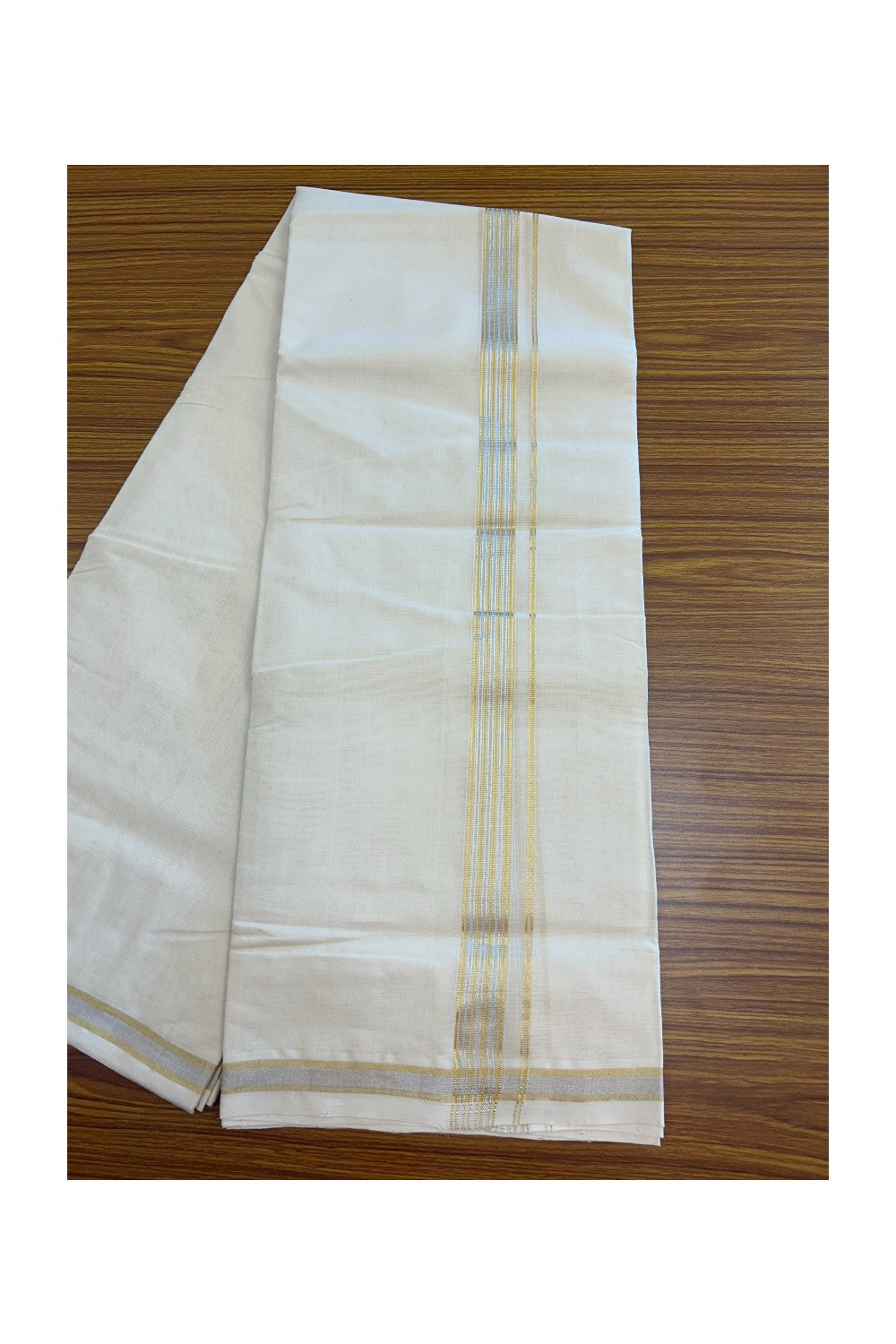 27% DISCOUNT ! KaithariKada HANDLOOM Millpaav Balaramapuram - 100% PURE Cotton Off White - (Unbleached) Double Mundu/Dhoti - 1 inch Gold Kasavu & Silver Striped Kara - 3KK5162RAM