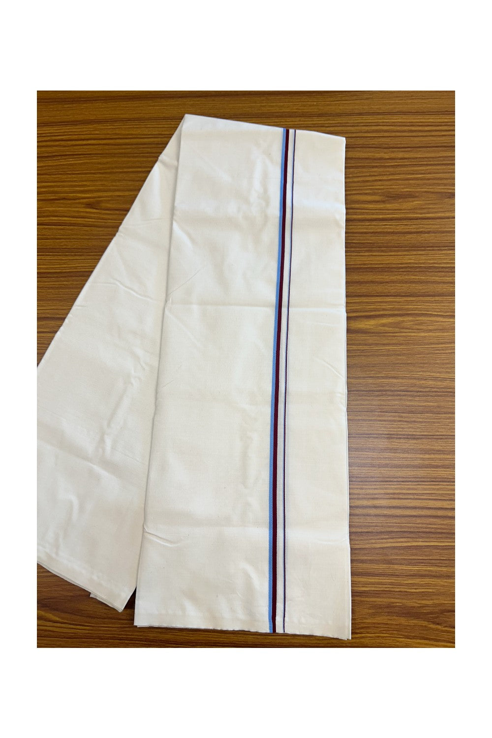 VCK VESHTI - 17% DISCOUNT ! KaithariKada Balaramapuram 100% COTTON SINGLE OFF WHITE (Unbleached) Mundu/Dhoti-100X100- 0.25 inch  Puliyilakkara Blue & Maroon Kara (2 meter / 4 muzham) - 1KK5164ASH