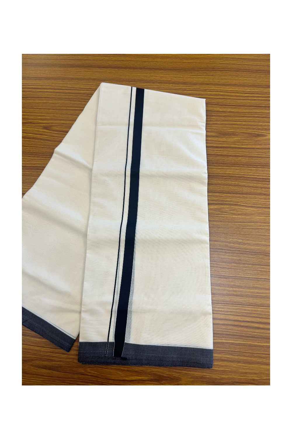 SHORT DHOTI SPECIAL! Kaitharikada.com 30% DISCOUNT! KaithariKada Balaramapuram 100% Cotton  Off white (Unbleached) Double Mundu/Dhoti-100x100 - 0.75 inch Kara & 46 inches Height Navy Blue Kara- 1KK5166ASH