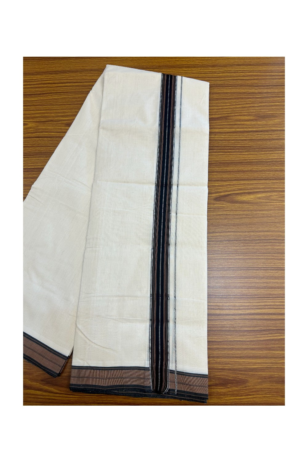 25% DISCOUNT!! KaithariKada HANDLOOM Unakkupaavu Balaramapuram - 100% PURE Cotton Off White (Unbleached) Double Mundu/Dhoti - 1.75 inch Black & Brown Silver Stripes - 1KK5169REA