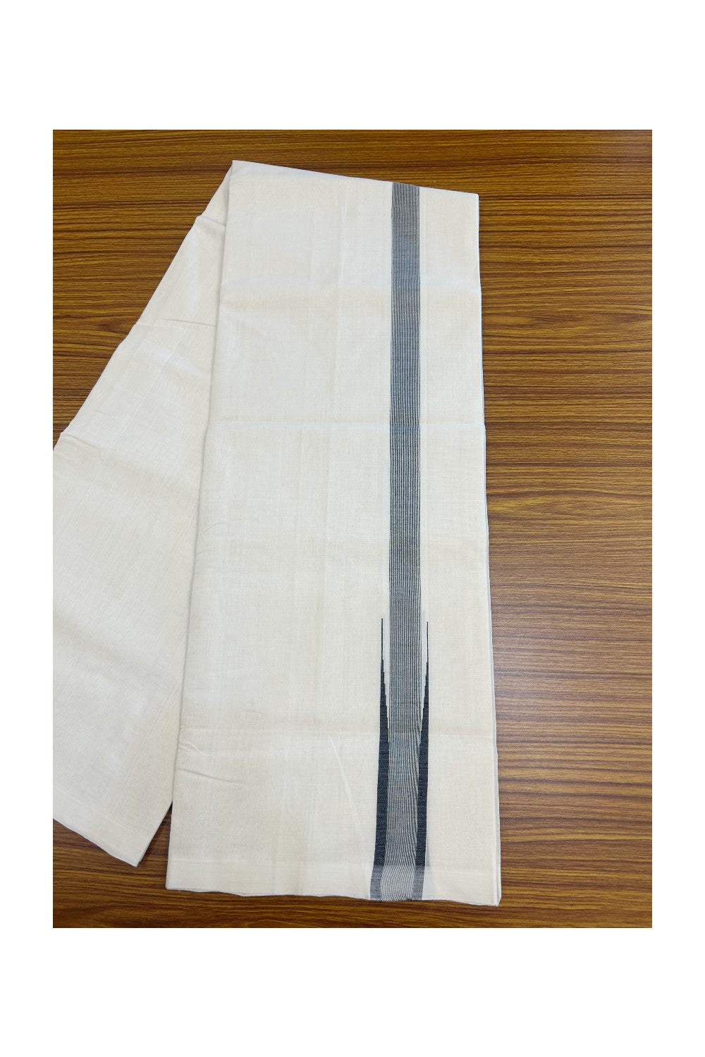 25% DISCOUNT! KaithariKada BALARAMAPURAM HANDLOOM MILLPAAV - 100% PURE Cotton Off white (Unbleached) Double Mundu/Dhoti - 1.25 inch BLACK  & Silver Kasav Chutty Kara - 8KK5170RAM
