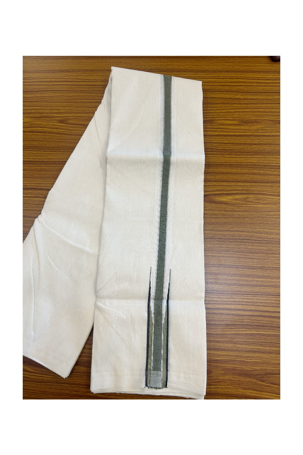 HANDLOOM Linen Dhoti NEW! 16% Discount from Kaitharikada.com - BALARAMAPURAM Handloom UNAKKUPAAV - OFF WHITE - Double Mundu/Dhoti 80x90 Thread - Pure Cotton + Linen - 1.5 Inch Silver Kasavu Army Green & Black striped chutty - 12KK5177RAM