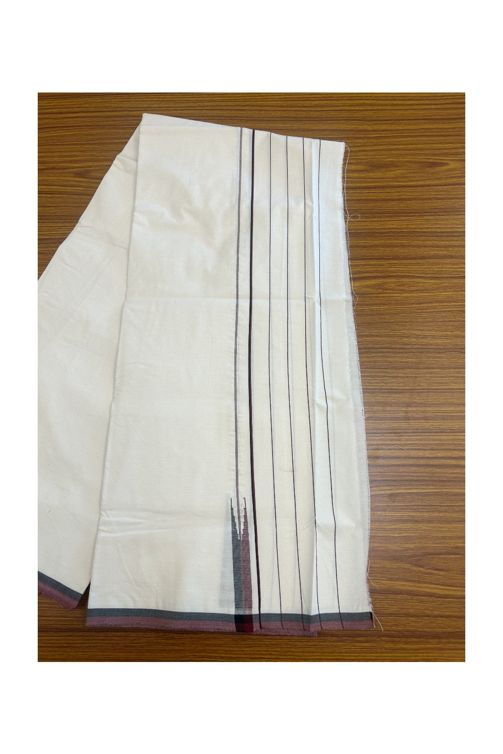 DMK Veshti - KaithariKada Balaramapuram 100% COTTON SINGLE OFF WHITE- (Unbleached) Mundu/Dhoti-100X100 - 5.5 inch Puliyilakkara Striped Maroon & Black Chutty (2 meter / 4 muzham) - 1KK5178ASH