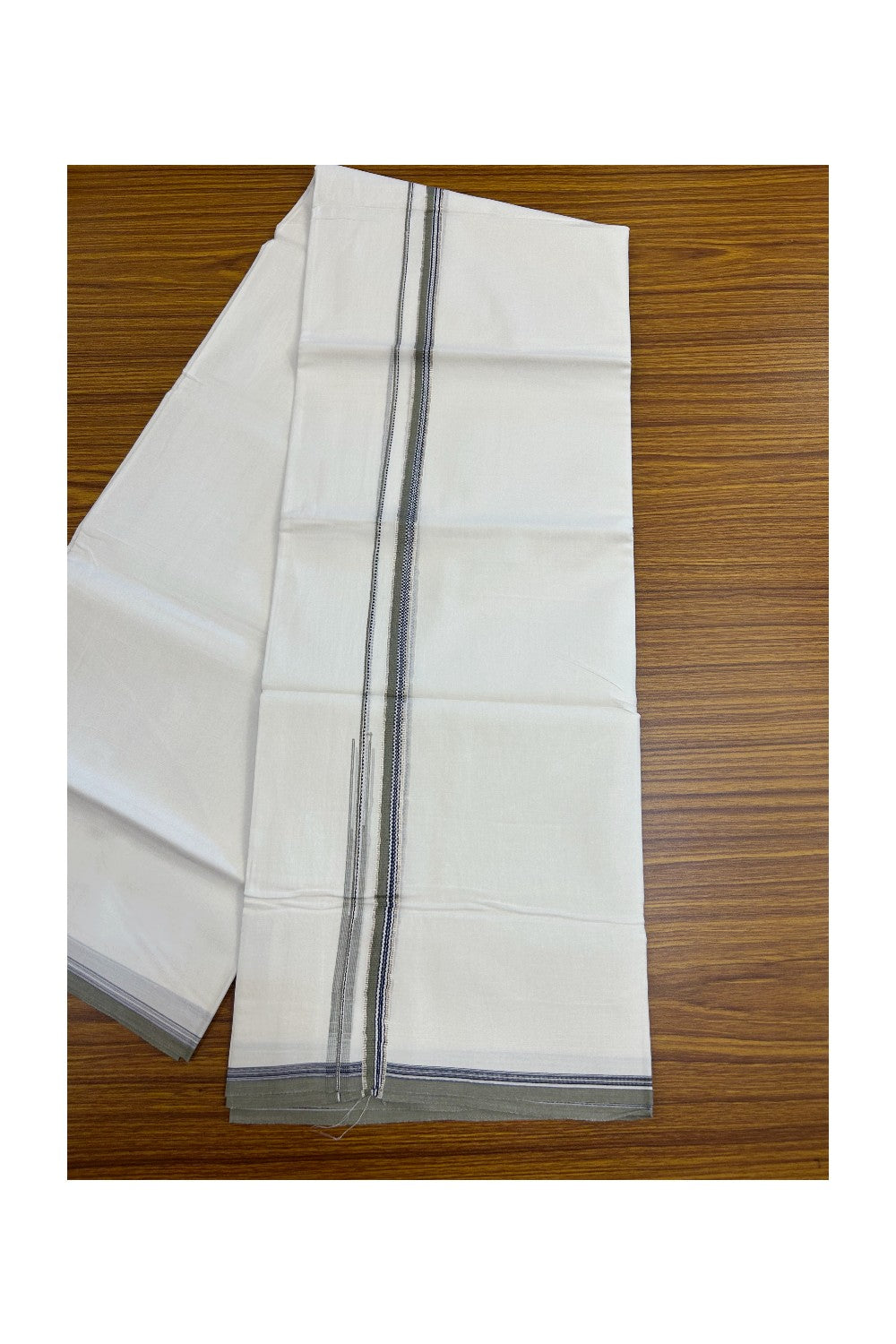 20% Discount !! Kaitharikada Balaramapuram 100% Cotton PURE WHITE DOUBLE Mundu/Dothi- 100X80 Thread- 0.5 inch - Silver Kasavu Black & Olive Green Design Chutty Kara - 1KK5184RAMS