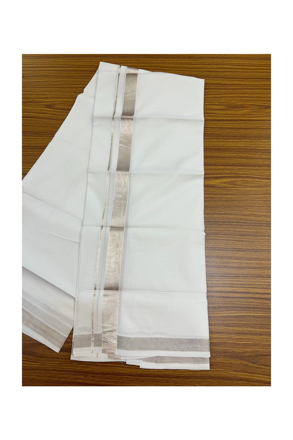20% DISCOUNT!! KaithariKada Balaramapuram 100% Cotton DOUBLE PURE WHITE Mundu/Dhoti - 100x100 - 1 inch Silver Kasavu Kara - 1KK5191CKS
