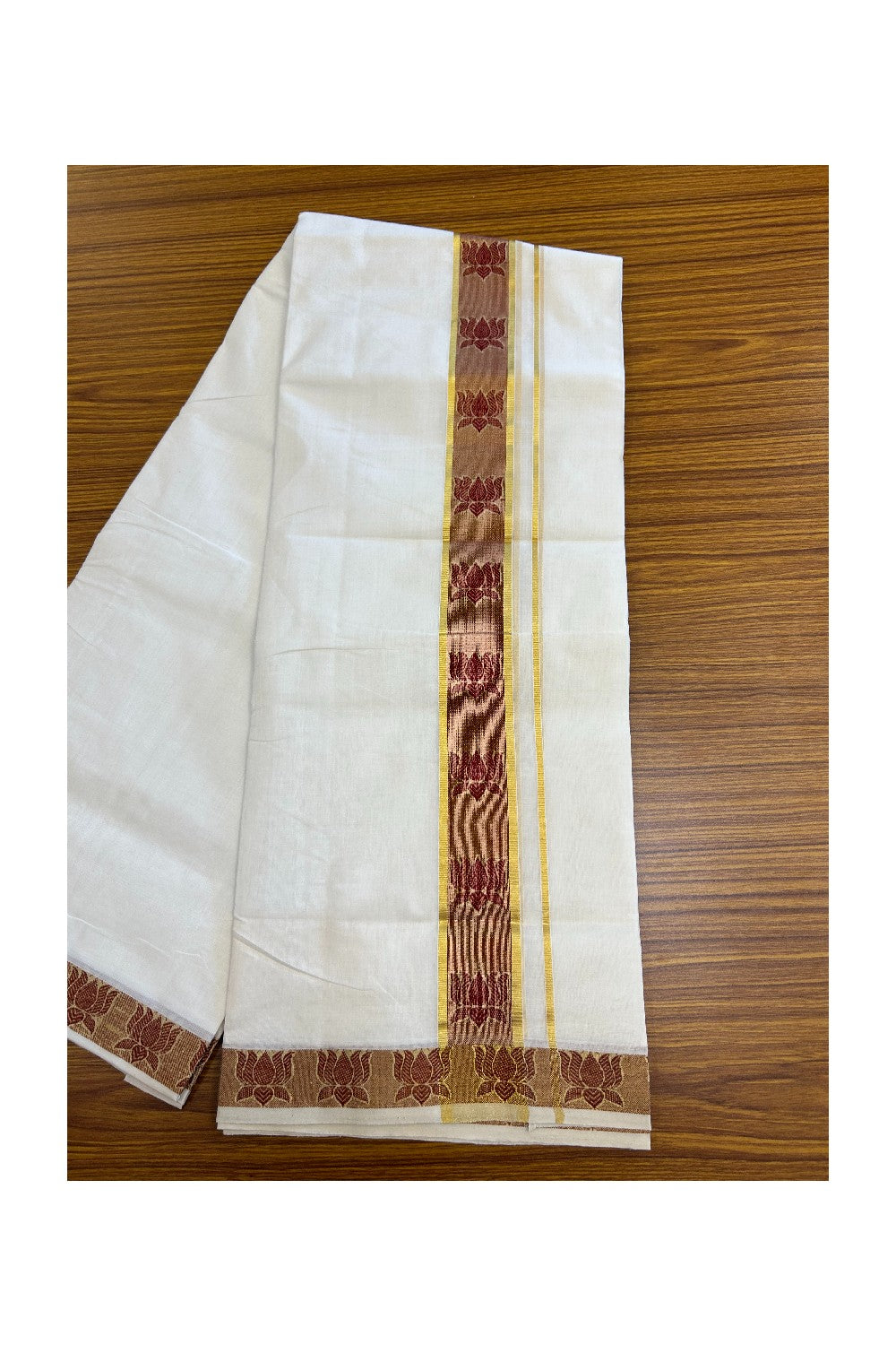 25% DISCOUNT ! KaithariKada HANDLOOM Unakkupaav Balaramapuram - 100% PURE Cotton Pure White Double Mundu/Dhoti - 2 inch Gold Kasavu & Maroon Lotus Jacquard Design Kara - 1KK5190ABH