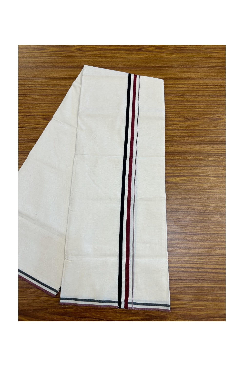 ADMK VESHTI - 20% DISCOUNT! KaithariKada 100% Cotton off white Single - (Unbleached) Mundu/Dhoti - 100X100 - 1 inch Black White & Maroon kara - 1KK5198ASH