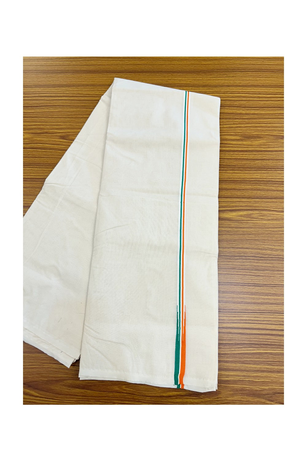 CONGRESS VESHTI - 20% DISCOUNT! KaithariKada 100% Cotton OFF WHITE Double - (Unbleached) Mundu/Dhoti - 100X100 - 0.5 inch Puliyilakkara Orange White & Green Chutty Kara - 1KK5203ASH