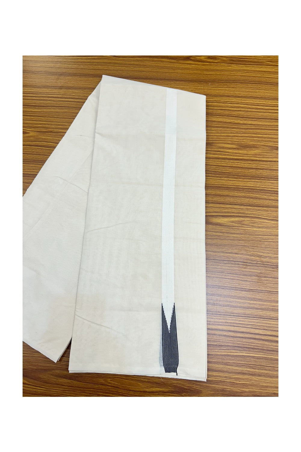28% DISCOUNT ! KaithariKada Balaramapuram 100% COTTON Double OFF WHITE (Unbleached) Mundu/Dhoti- 100x100 - 1 inch Puliyilakkara Black Striped Chutty Kara - 1KK5211ASH