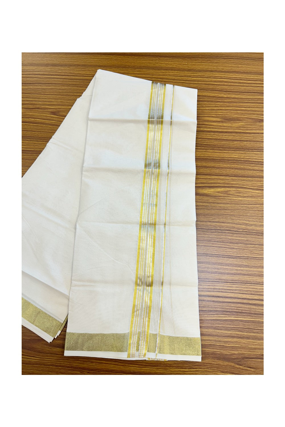 20% DISCOUNT ! KaithariKada  Balaramapuram - 100% PURE Cotton Off White - (Unbleached) Double Mundu/Dhoti - 100X80 -  1.25 inch Gold Kasavu & Silver Kasavu Striped Kara - 1KK5212 VIN