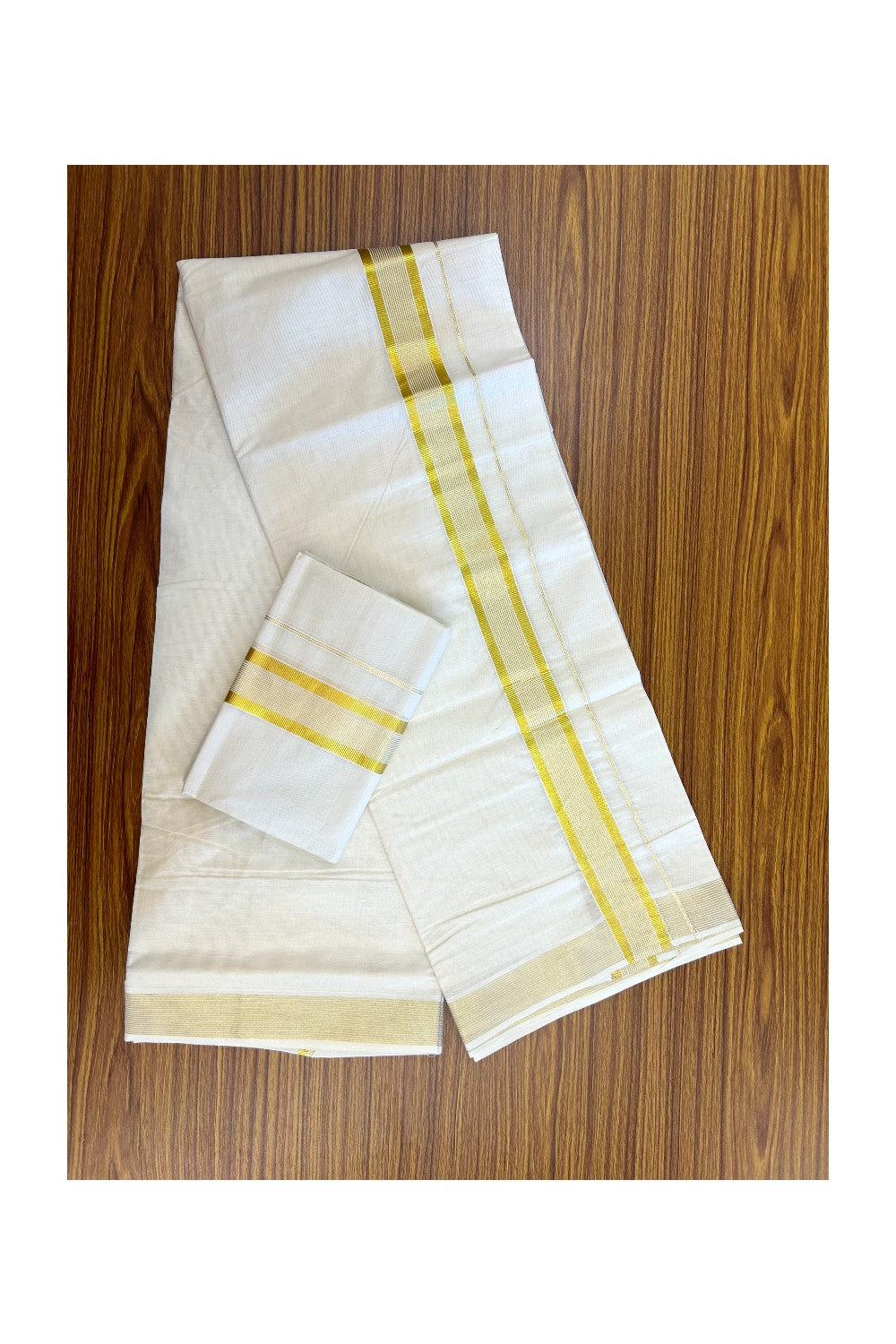 20% Discount!! KaithariKada Balaramapuram - 100% PURE Cotton Off White  (Unbleached) Mundu/Dhoti & Neriyath set - 1.5 Inch Kasavu Stripes Kara - 1KK5213 VIN