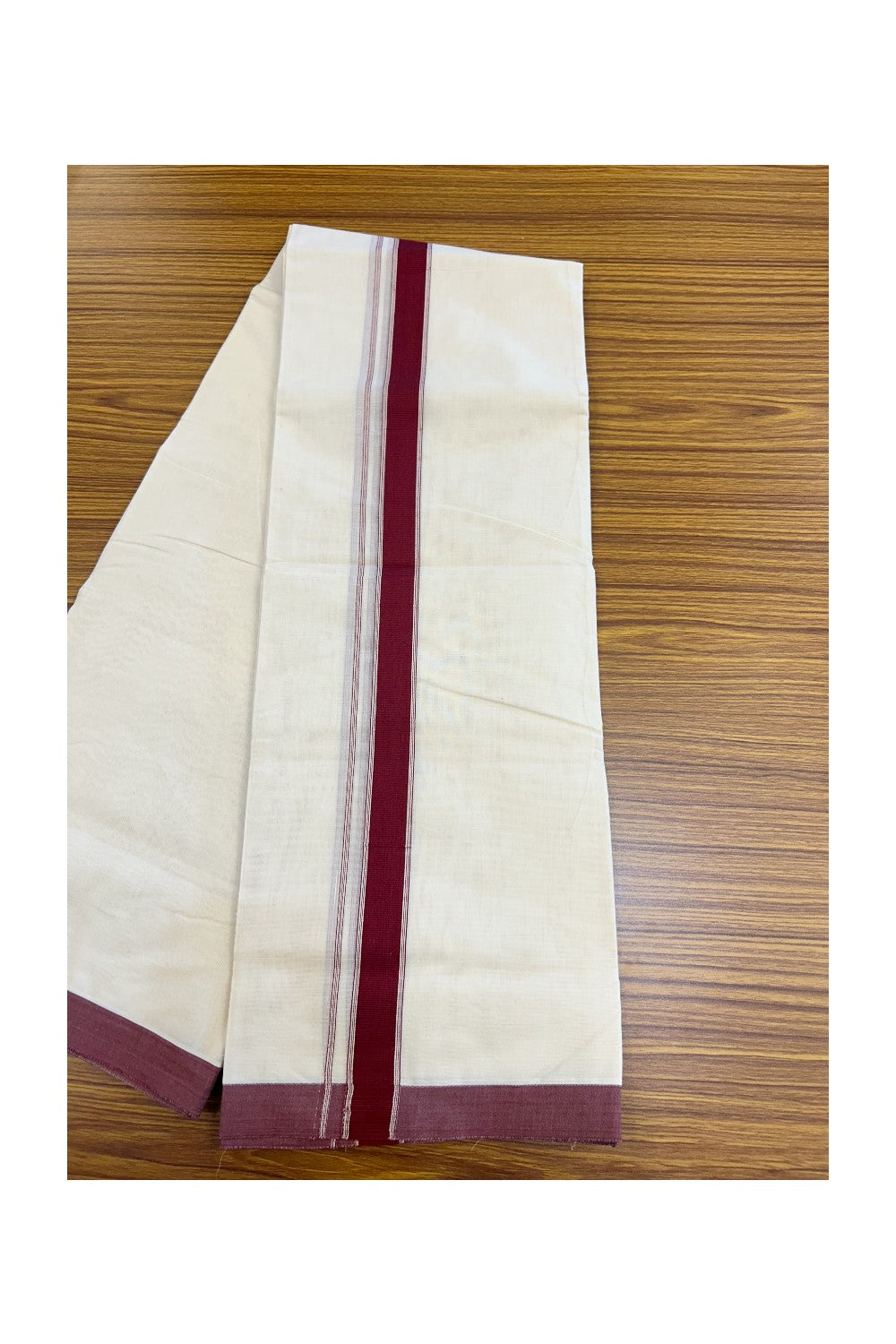 NEW !! 20% DISCOUNT!! KaithariKada Balaramapuram 100% Cotton Double Off white - (Unbleached) Mundu/Dhoti-100x80 - 1.25 inch Maroon Striped KARA - 3.75 mtr (8 Muzham) - 1KK5218 ASH