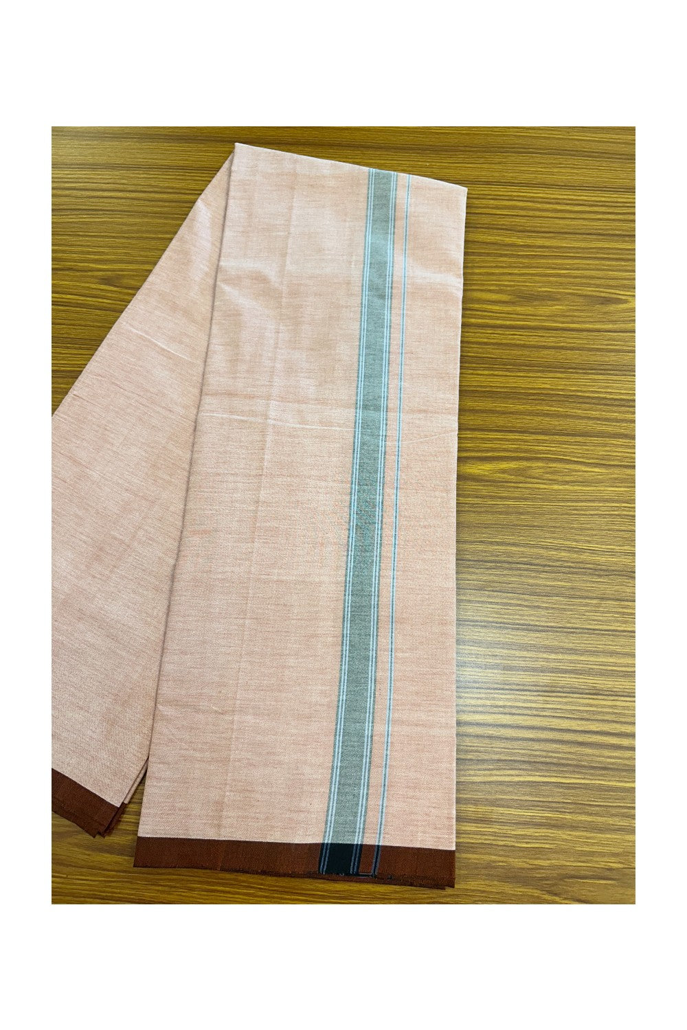 25% Discount ! KaithariKada 100% Cotton Balaramapuram HANDLOOM Single Mundu/Dhoti - Dark Peach Shaded COLOUR BODY & 1.25 inch Black Blue Striped Kara (2 meter / 4 muzham) - 1KK5225KAI