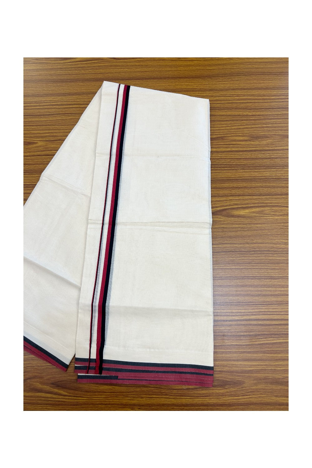 DMK Veshti - 30% DISCOUNT! KaithariKada 100% Cotton OFF WHITE Double - (Unbleached) Mundu/Dhoti - 100X80 - 0.5 inch Black & Maroon kara - 4 mtr (8.5 muzham)- 1KK5230 PMC