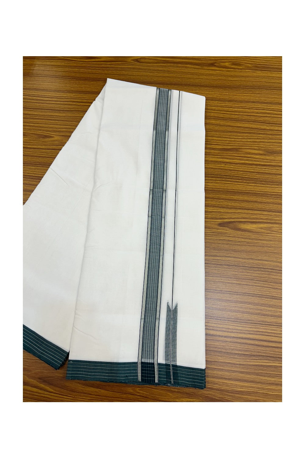 25% Discount!! NEW ULTRA PURE WHITE HANDLOOM Balaram apuram - 100% Mercerised Cotton Double Mundu/Dhoti - 120 twisted warp x 80s weft - 1.5 inch Puliyilakkara Silver Kasavu & Peacock Green Striped Chutty Kara - 1KK5232 REA