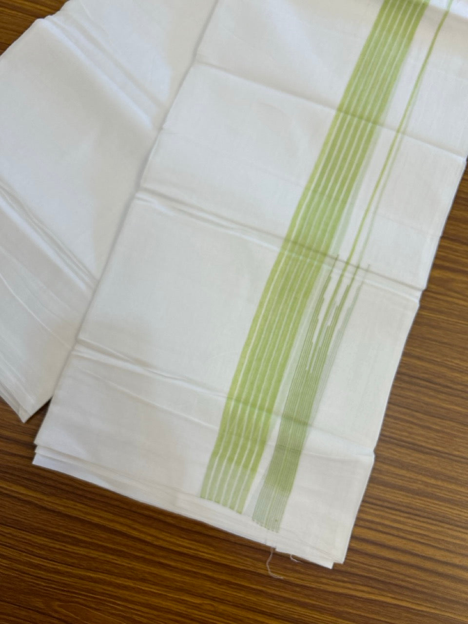 24% Discount! KaithariKada Balaramapuram 100% Cotton Pure white Double Mundu/Dhoti - (100x80)s - 1.5 inch Puliyilakkara fluorescent Green Stripes Chutty - 101 KK5258 THI