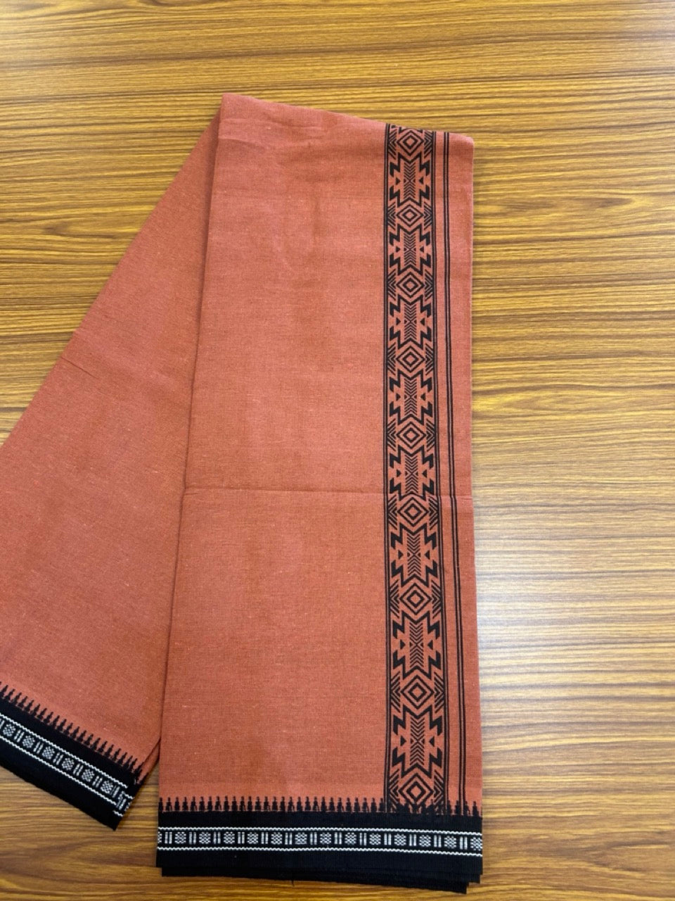 8% Discount!!! Kaitharikada Mixed Cotton Single KAVI - Kaily / Lungi - 3.25 inch BLACK Tribal Printed kara Kuppadam Border (2 meter / 4 muzham) - 1KK8027 AS