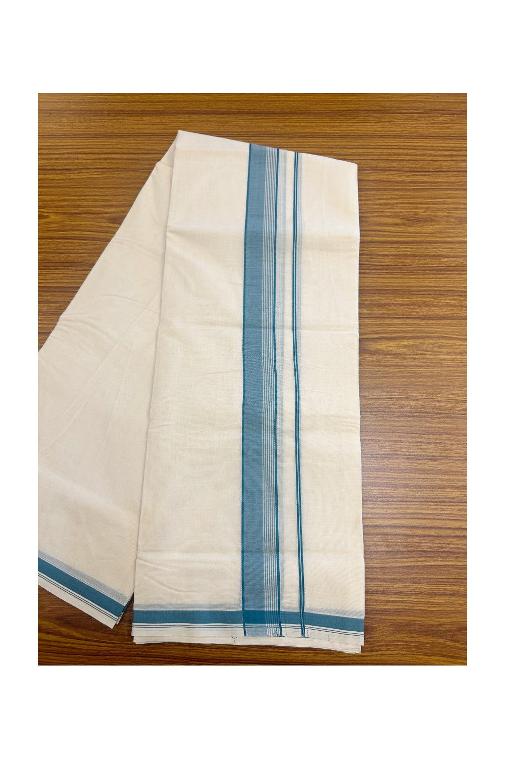 3% Discount KaithariKada Balaramapuram 100% Cotton Off White Double - (Unbleached) - Mundu/Dhoti - 100x100 - 1.5 inch Military Green Stripes Kara - 1KK5199ASH