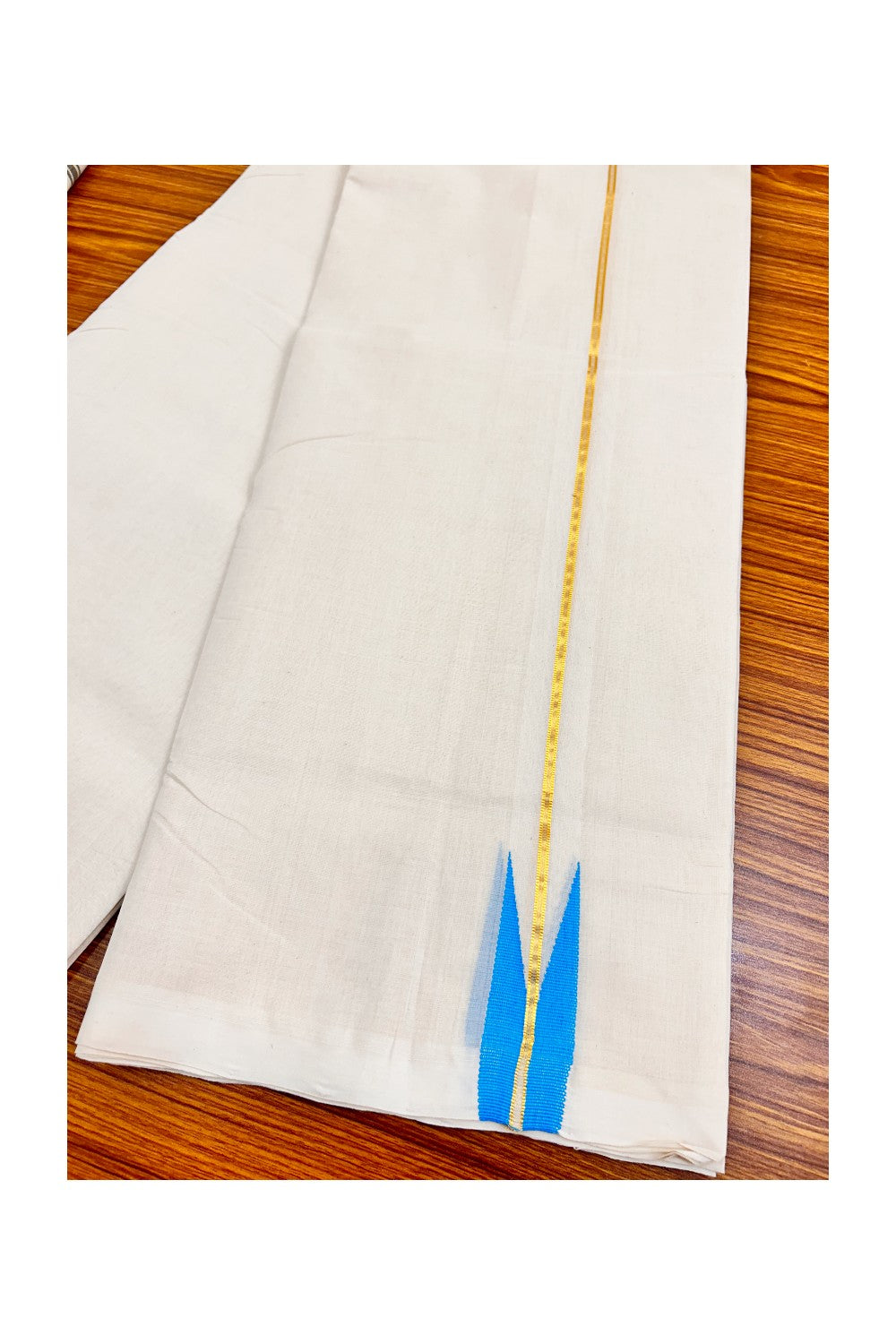 30% DISCOUNT! KaithariKada BALARAMAPURAM HANDLOOM Millpaav- 100% PURE Cotton 100x100 Double Mundu/Dhoti OFF WHITE (Unbleached) - PULIYILAKKARA Gold  Kasavu & Sky Blue 3.cm Chutty KARA-1RAM24.