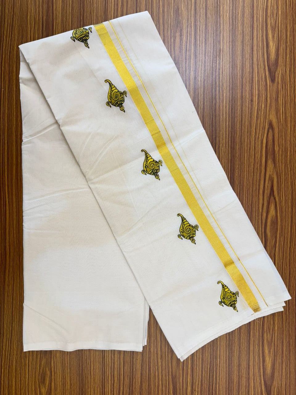 KaithariKada Balaramapuram 100% Cotton Double Off white - (Unbleached) Mundu/Dhoti-100x80 - 0.75 inch Hand Painted Gold Kasav Yellow & Black Mural Design Kara 3.75 mtr (8 muzham) - 1 KK5244 ASH