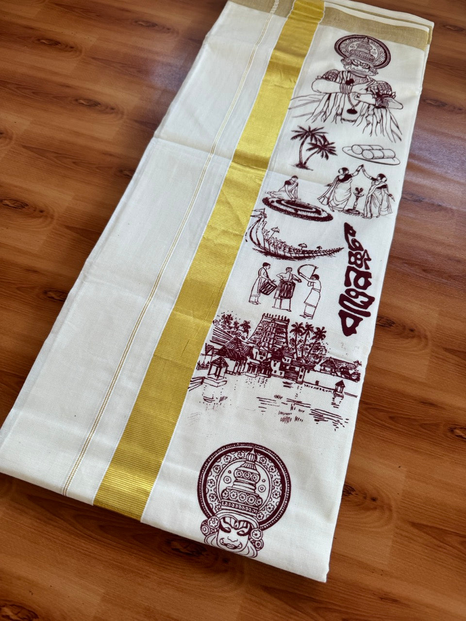 Double Off White - Onam Festival Print - (Unbleached) Mundu/Dhoti- 20% Discount!! KaithariKada Balaramapuram Mixed Cotton 60s - 1.5 inch Gold Kasav with Maroon Printed Design Kara - 1 KK5474 GAN