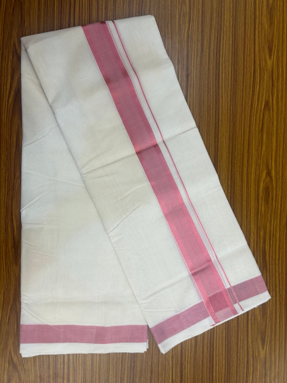 25% Discount ! KaithariKada Handloom Millpaav Balaramapuram - 100% Pure Cotton Off White (Unbleached) Double Mundu/Dothi -80x90 - 2 inch Rose Pink Kasav Striped kara 4 mtr (8.5 muzham) - 94 KK5256 RAM
