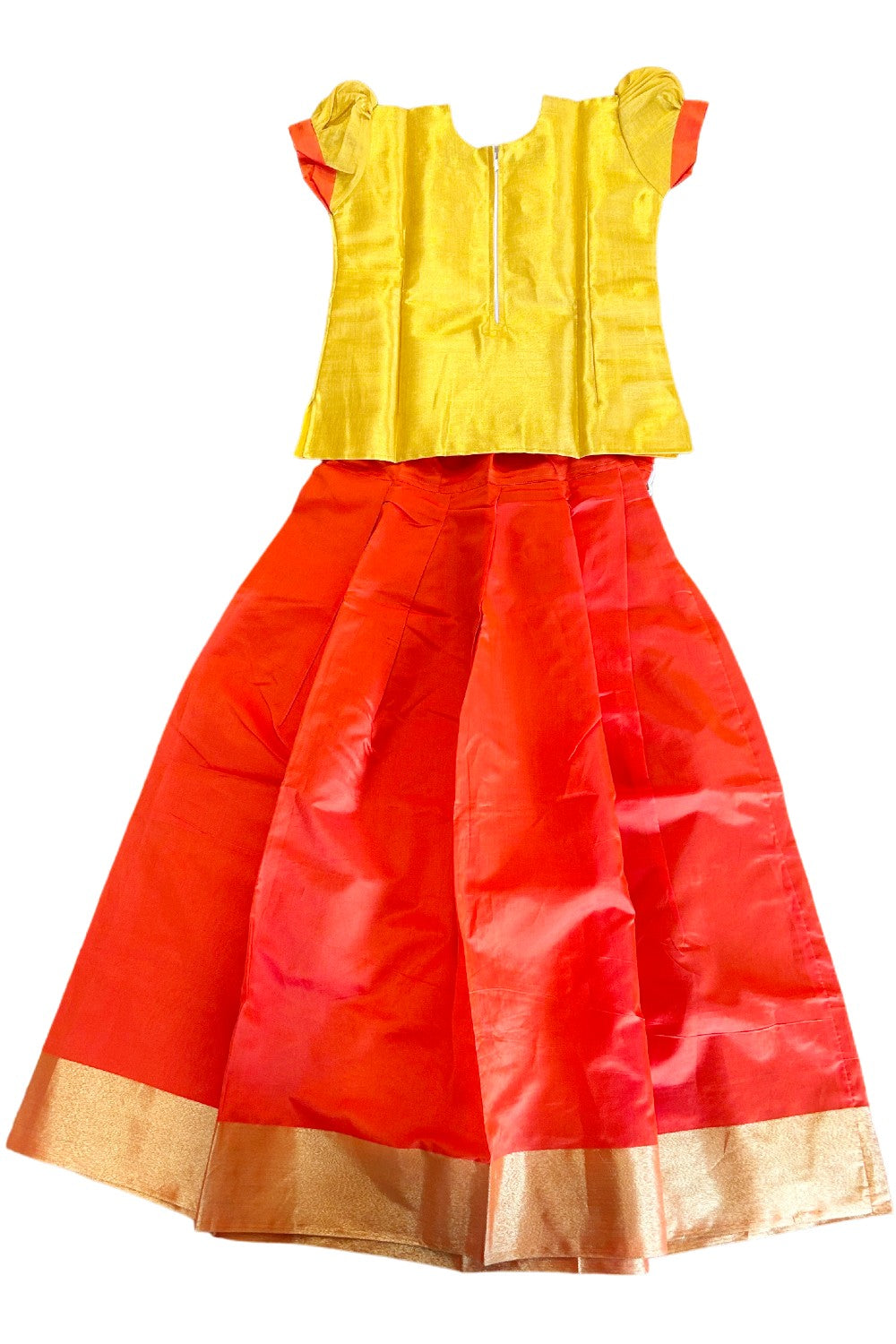 Midukki-Traditional South Indian Kids Pattu Pavada- Yellow tissue top orange skirt- Age 12 - KK12MID001