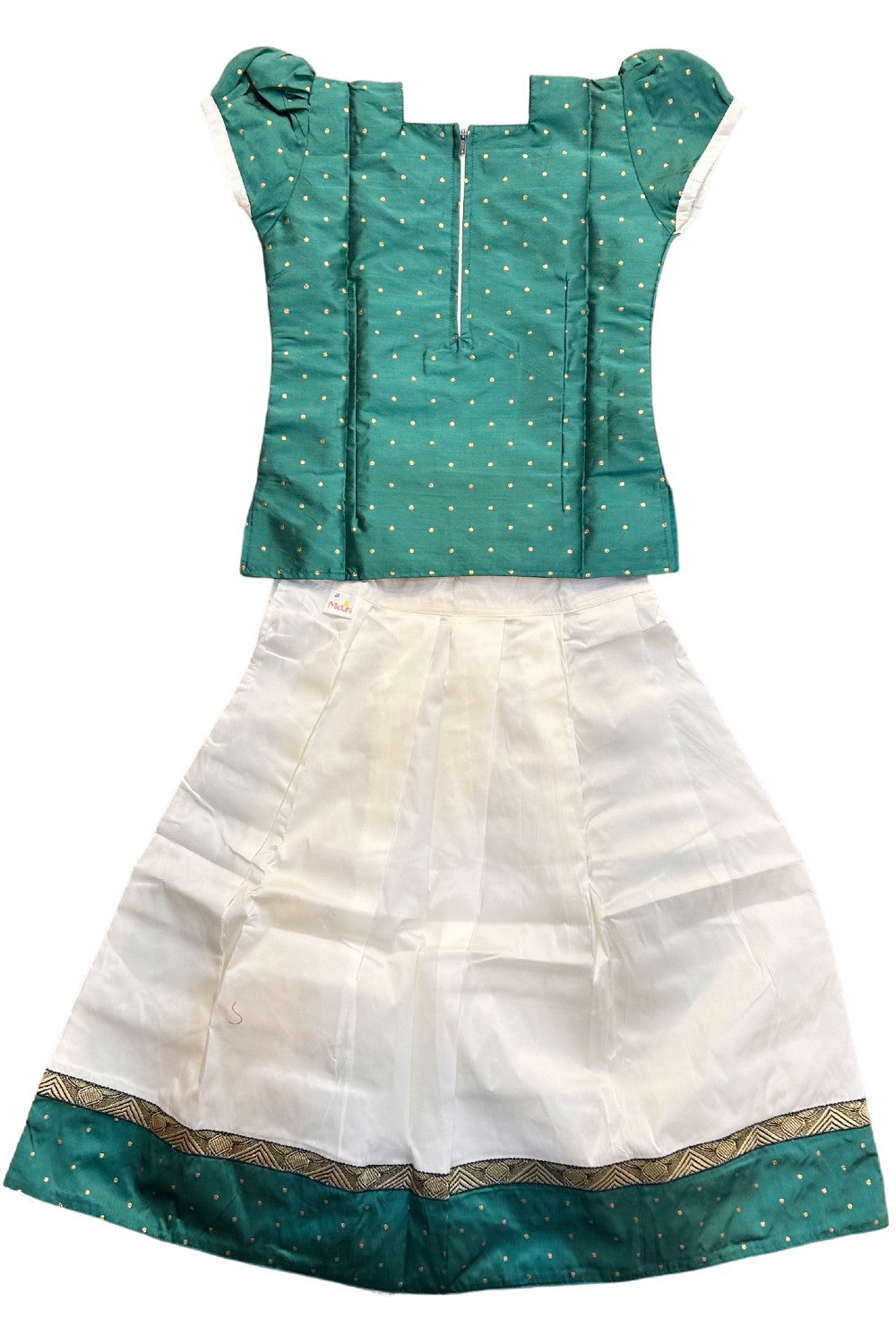 Midukki-Traditional South Indian Kids Pattu Pavada- Green top offwhite skirt with green border - Age 8 - KK8MID001