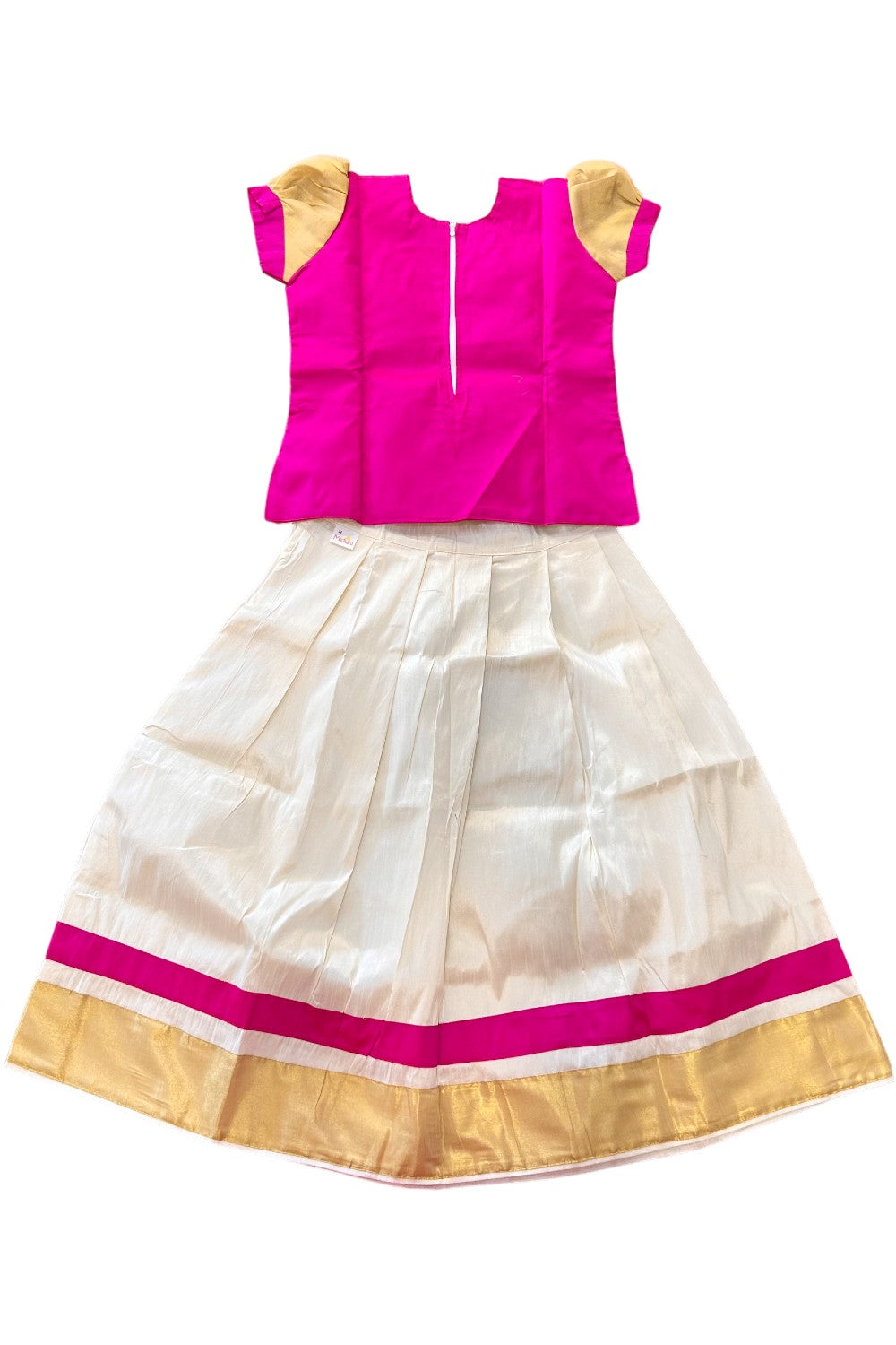 Midukki-Traditional South Indian Kids Pattu Pavada- Magenta top offwhite skirt with kasavu - Age 10 - KK10MID001