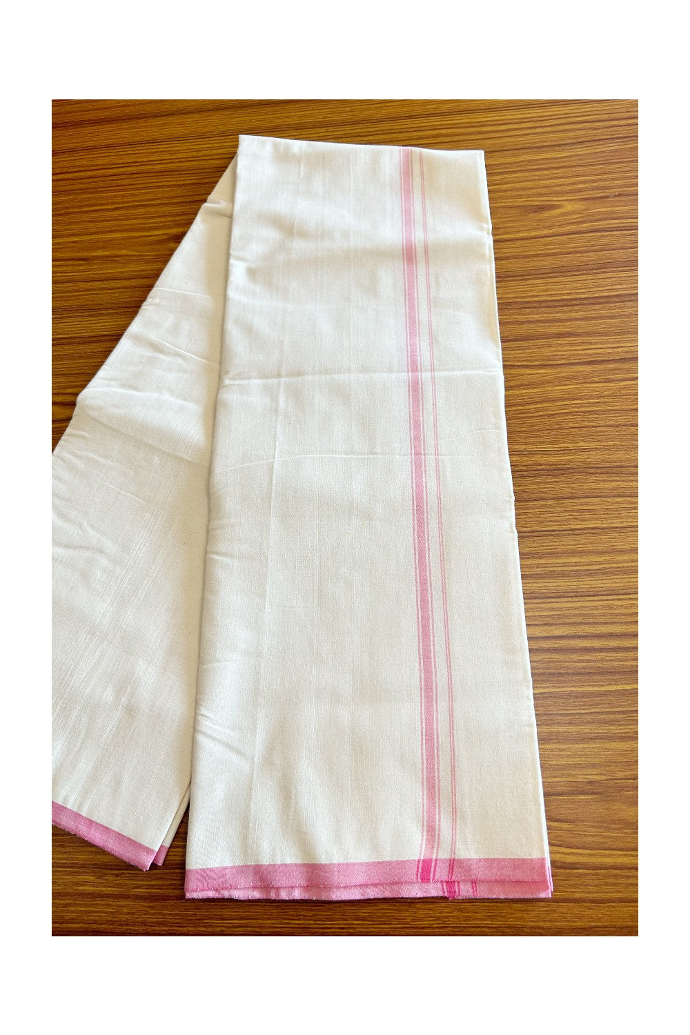 30% Discount!! SIGNATURE KAITHARIKADA EXCLUSIVE SINGLE DHOTI - 100% Cotton Balaramapuram HANDLOOM Single Mundu/Dhoti - Off White - (Unbleached) 0.75inch Pink Striped Kara (2 metre / 4 muzham) - 1KK5026KAI