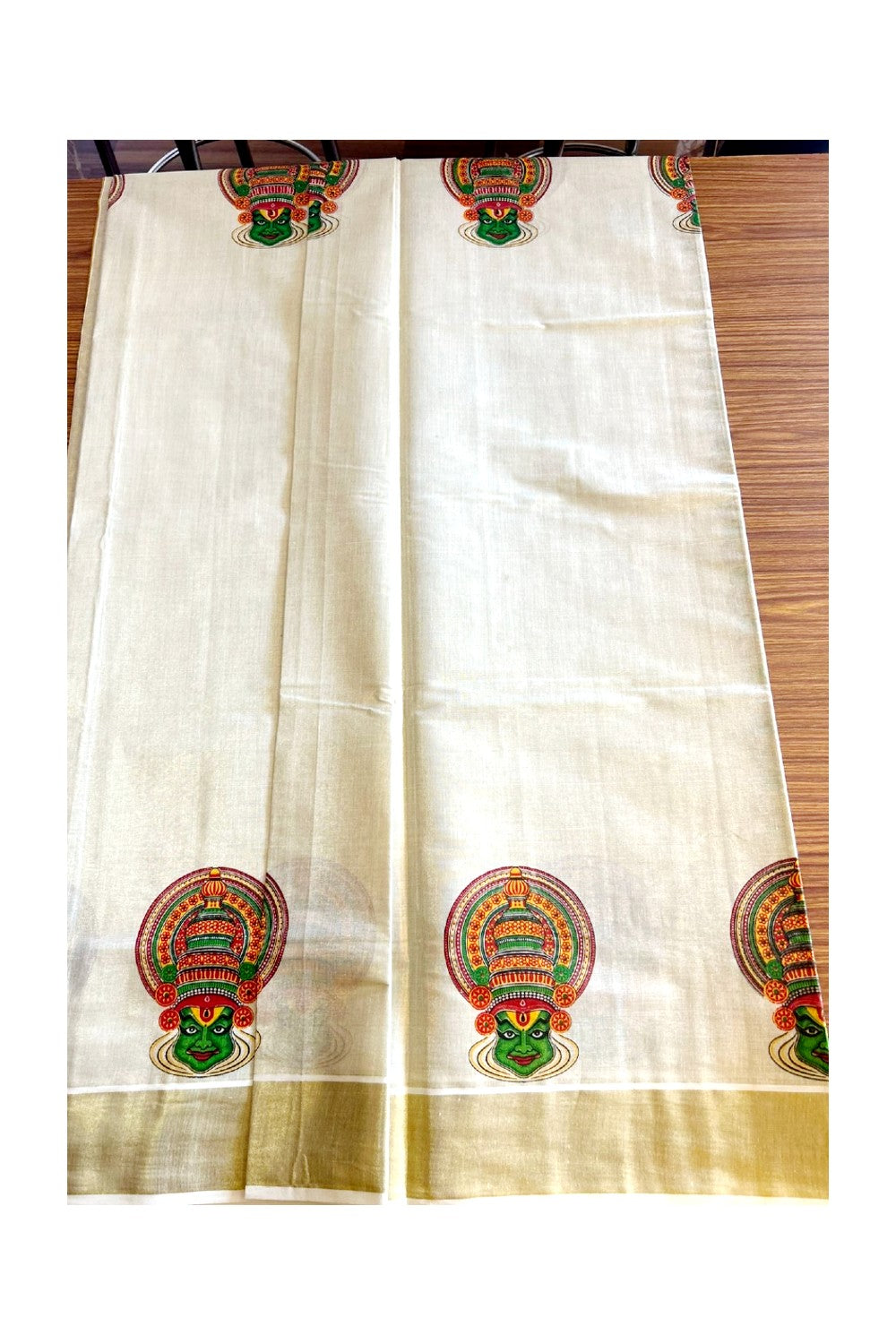 10% Discount!! Kaitharikada Kerala Saree - Kasavu Tissue - Kasavu Zari & Kathakali Mural Prints in Gold- 1KK1008VIN