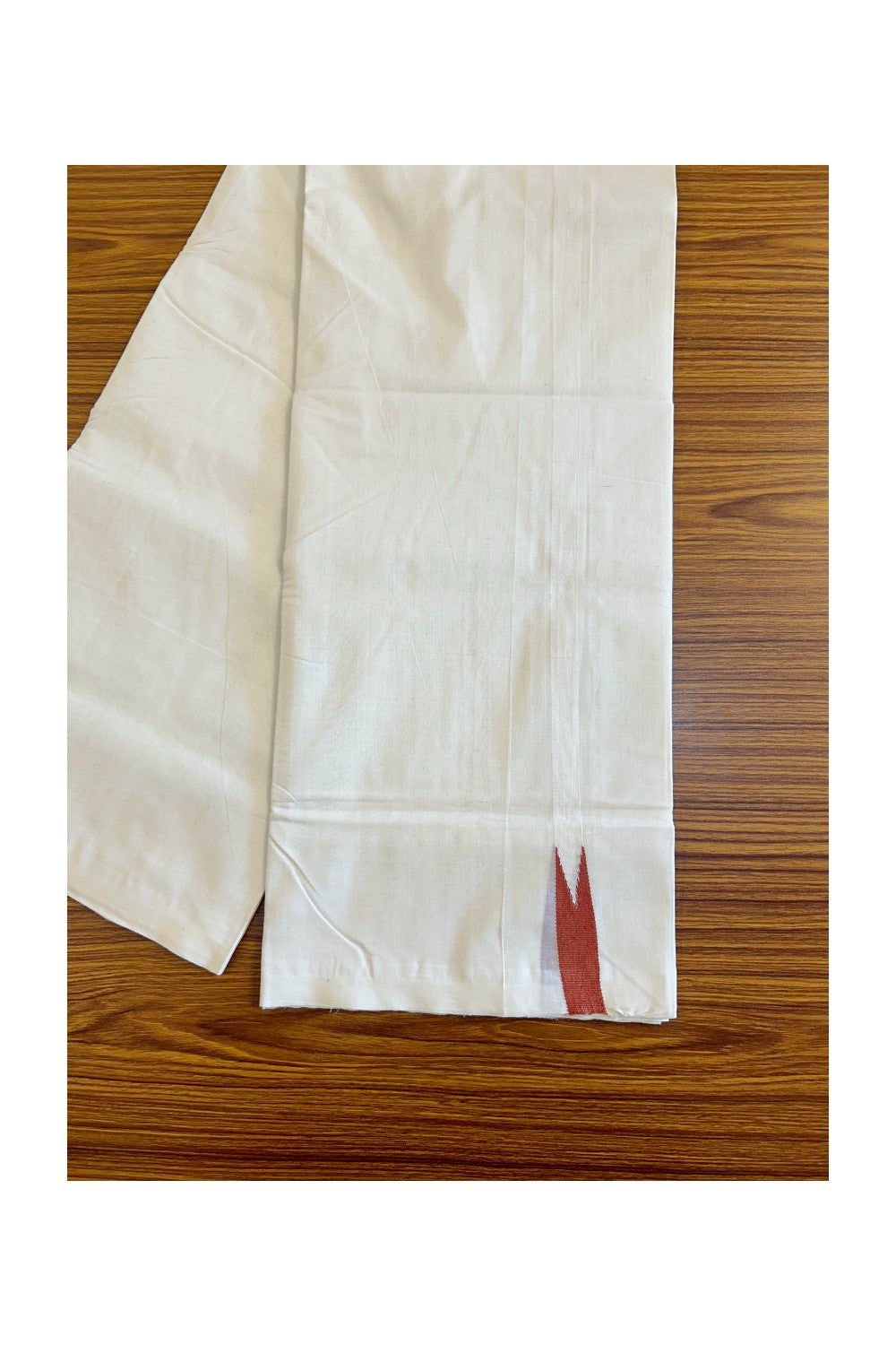 30% DISCOUNT!! KaithariKada HANDLOOM Unakkupaav Balaramapuram - 100% PURE Cotton OFF White (Unbleached) Double Mundu/Dothi -0.75inch  White kara Dark Brick Red puliyilakkara Chutty - 1KK420RAM