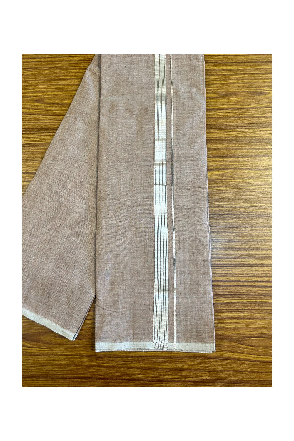 30% Discount! KaithariKada Handloom 100% Cotton Double Mundu/Dhoti - Brown Colour Body & Silver Striped 1.5inch Kara 3.80 mtr (8 Muzham) - 1KK452SOM