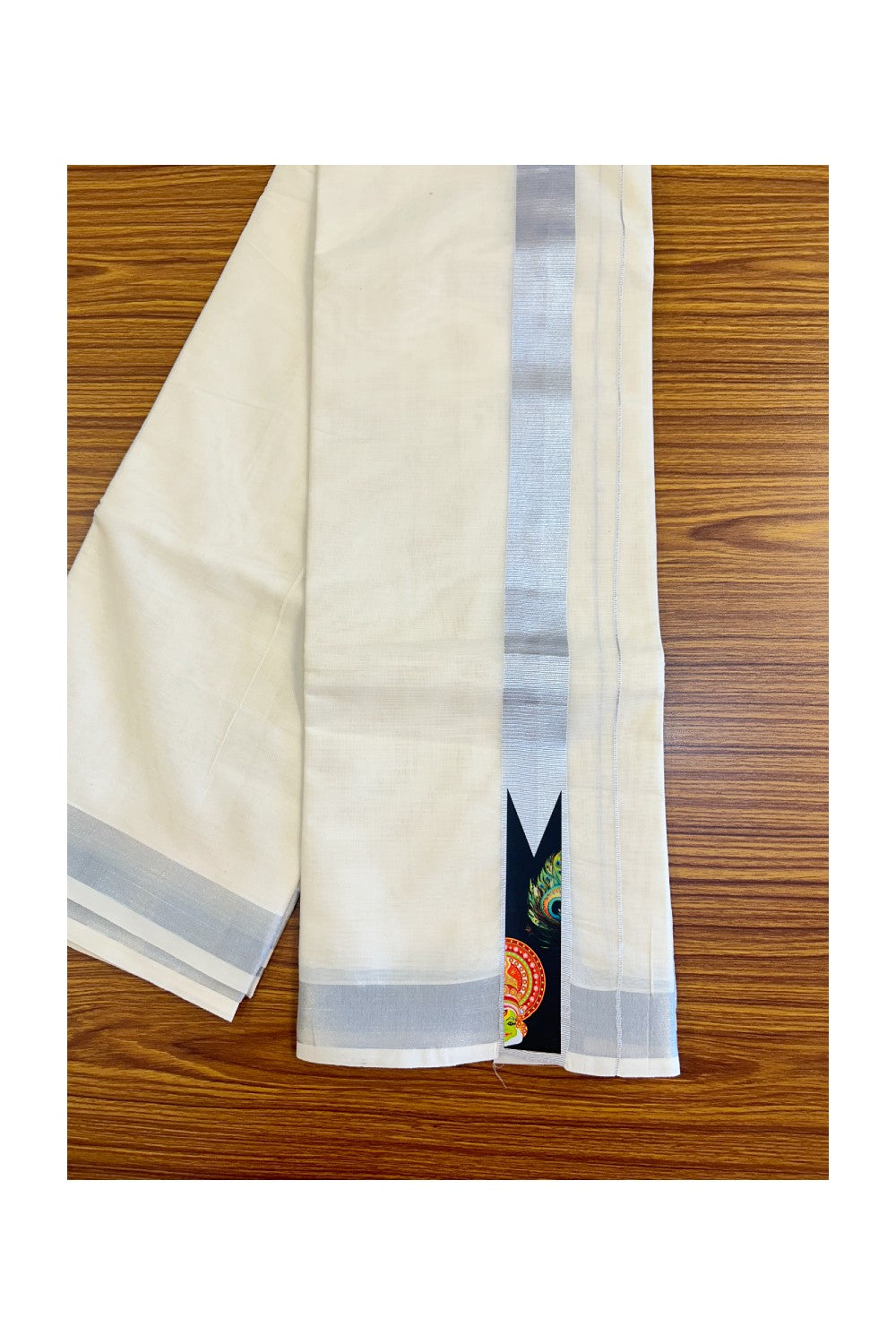 KaithariKada Balaramapuram  Off white (Unbleached) Double Mundu/Dhoti- 80x72- 2 inch Hand Painted Silver Kasavu Kadhakali & Peacock feather Design 3.96m- 1KK457VIN