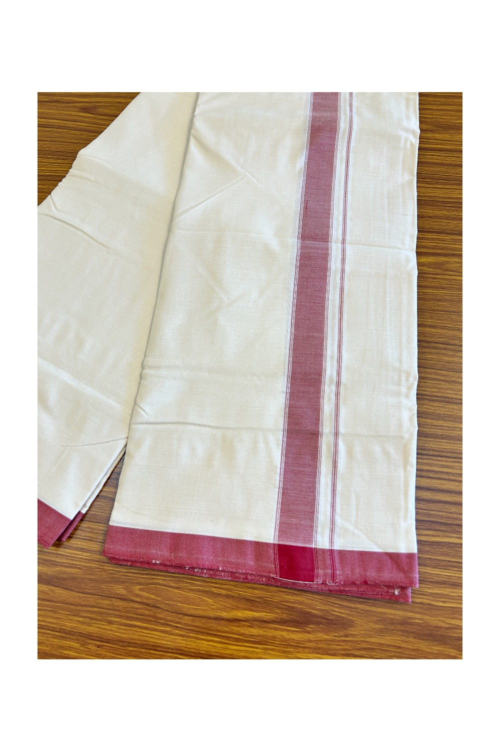 120X120 PREMIUM Kaitharikada Exclusive - 25% DISCOUNT! BALARAMAPURAM HANDLOOM Unakkupaavu - 100% PURE Cotton Double Mundu/Dhoti OFF WHITE (Unbleached)- 1.75inch Red Striped Kara - 1KK477KAL
