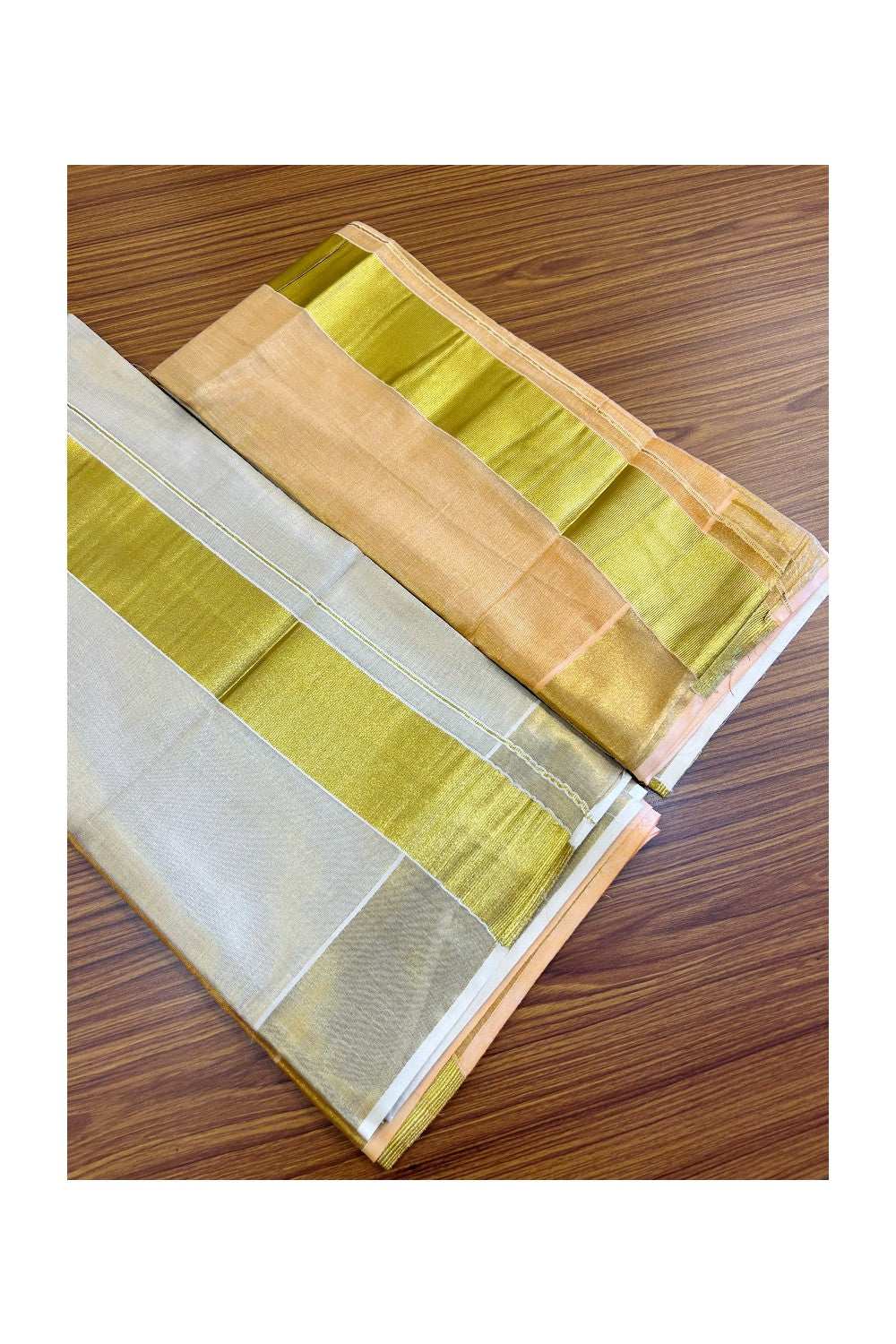 36% Discount!! KaithariKada - Kerala Tissue Single Set Mundu - Tie & Dye Half Light Orange Colour Design - Kasavu Big Kara - 1KK491MUR