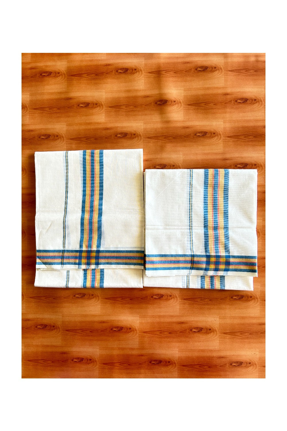 29% Discount!! KaithariKada - Kerala Cotton SINGLE SET MUND FOR WOMEN - Blue, Yellow & Red Mulloth Kara- 1KK494VIN