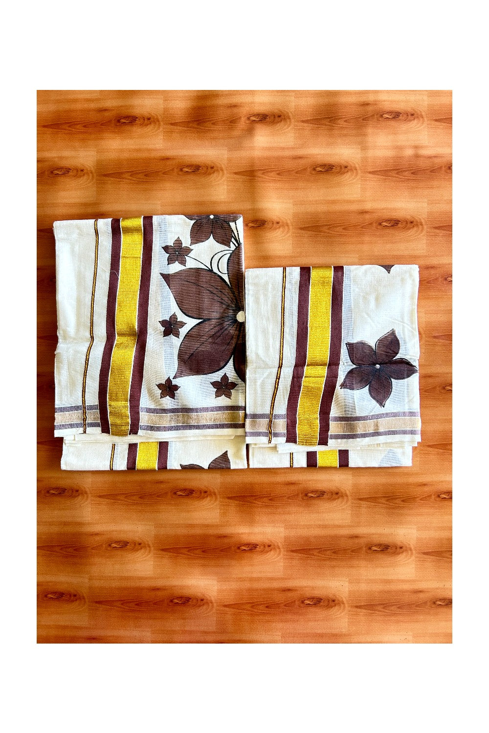 22% Discount!! KaithariKada - Kerala Cotton SINGLE SET MUND FOR WOMEN - Kasavu Kara with Brown Flower Design - 1KK495VIN