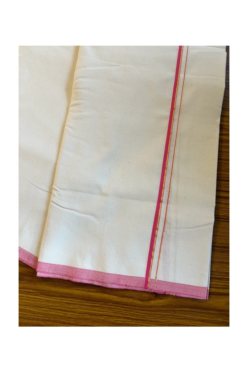 30%DISCOUNT!! SIGNATURE KAITHARIKADA EXCLUSIVE SINGLE DHOTI - 100% Cotton Balaramapuram HANDLOOM Single Mundu/Dhoti - Off White - (Unbleached) 0.5 inch Pink & Gold Kasavu Kara  (2 metre / 4 muzham)- 1KK5013KAI