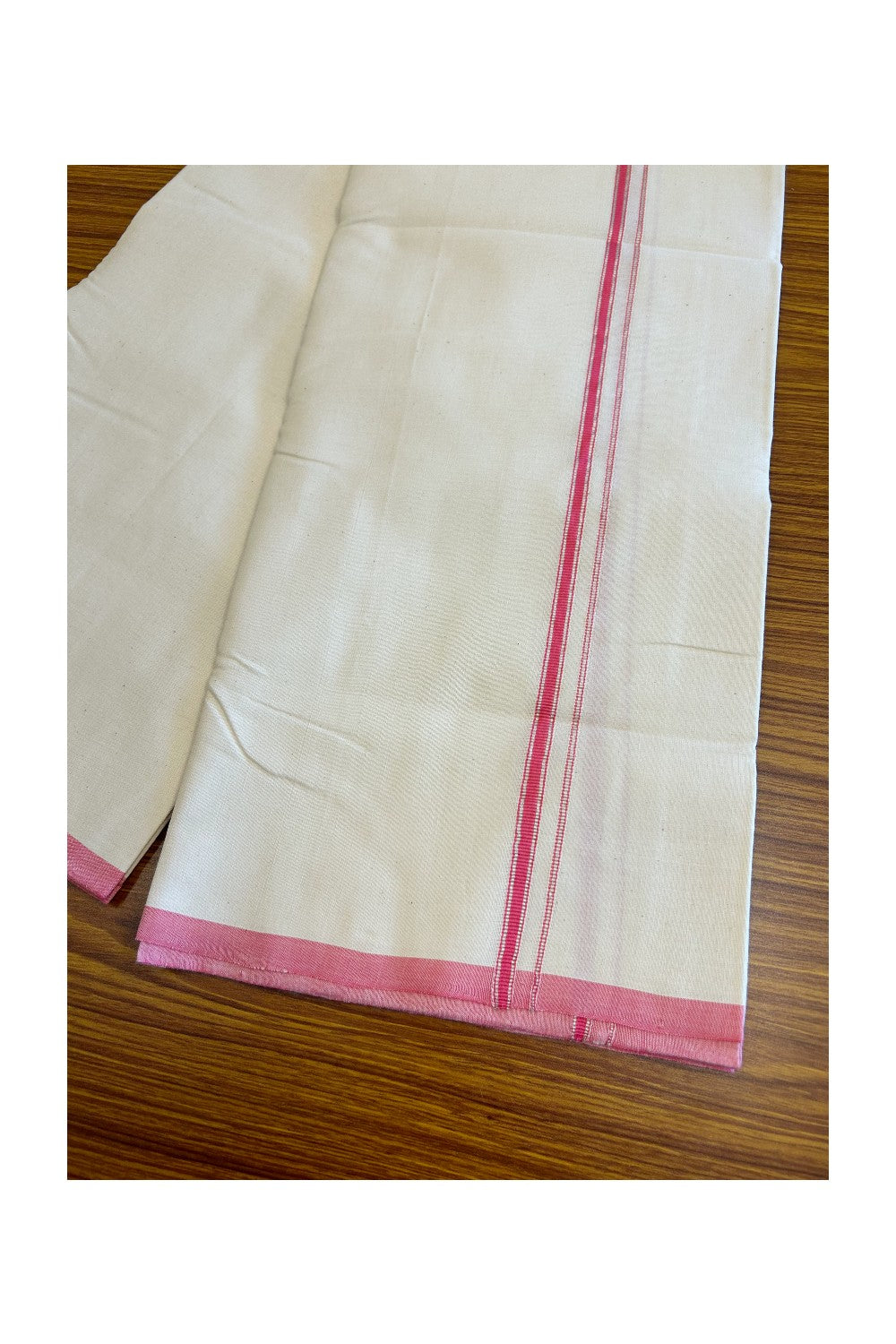 30% Discount!! SIGNATURE KAITHARIKADA EXCLUSIVE SINGLE DHOTI - 100% Cotton Balaramapuram HANDLOOM Single Mundu/Dhoti - Off White - (Unbleached) 2cm Pink & Silver KASAVU Kara (2 metre / 4 muzham)- 1KK5021KAI
