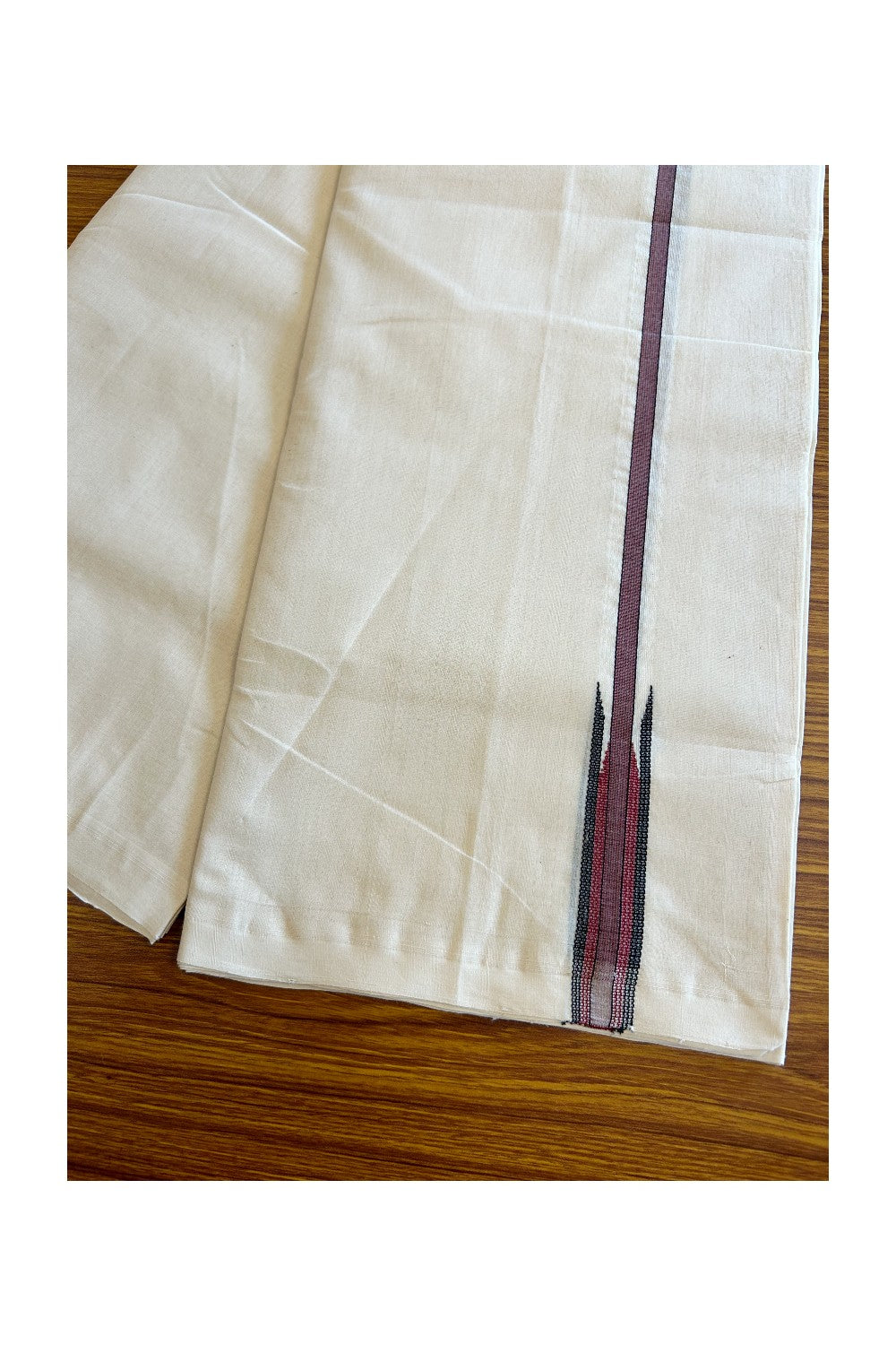 30% DISCOUNT!! KaithariKada HANDLOOM Millpaav Balaramapuram - 100% PURE Cotton OFF White Double - (Unbleached) Mundu/Dothi -  1.25 inch Puliyilakkara Maroon & Black Chutty kara - 1KK5029RAM.