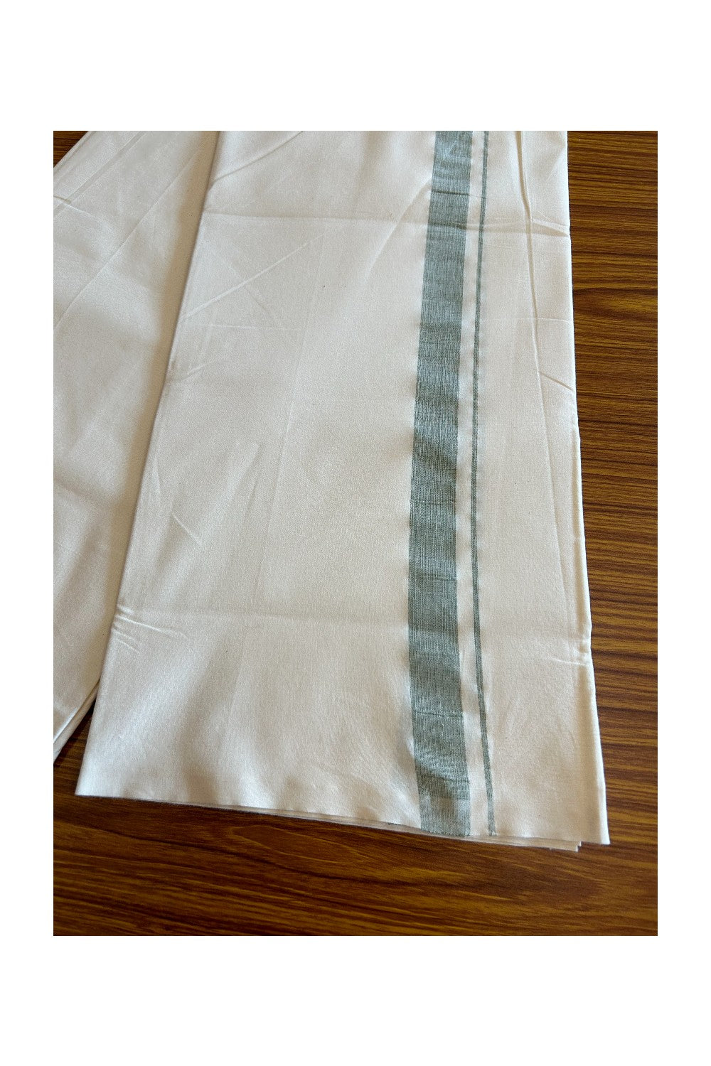 13% DISCOUNT ! KaithariKada Balaramapuram 100% COTTON SINGLE OFF WHITE - (Unbleached) Mundu/Dhoti-Twisted 100s Thread- 1.5 inch Shaded Green Kara (2 meter / 4 muzham) - 1KK5036ASH