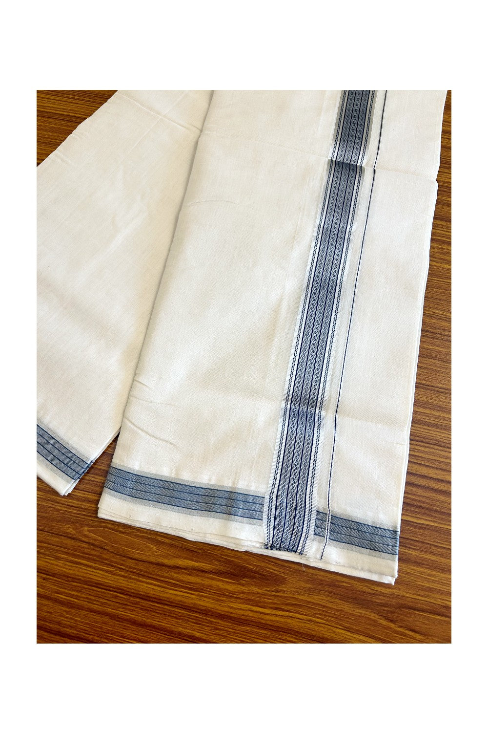 25% DISCOUNT!! KaithariKada HANDLOOM Unakkupaav Balaramapuram - 100% PURE Cotton OFF White - (Unbleached) Double Mundu/Dothi - 2 inch Peacock Blue & Silver striped pattern kara - 1KK503RAM