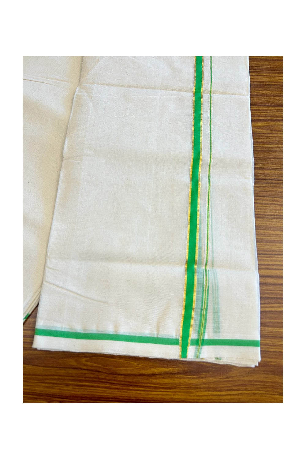 6% DISCOUNT! KaithariKada HANDLOOM Millpaav Balaramapuram - 100% PURE Cotton off white (Unbleached) Double Mundu/Dhoti -  1.cm Chutty Puliyilakkara Fluorescent Green & Kasav-129