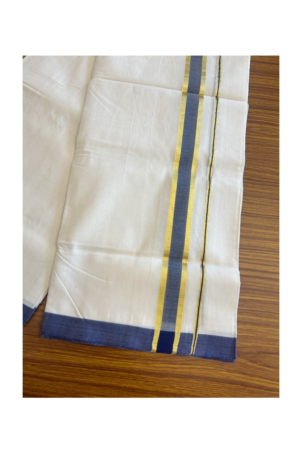 30% Discount KaithariKada HANDLOOM Unakkupaav Balaramapuram - 100% PURE Cotton Off White (Unbleached) - 100x100 Double Mundu/Dhoti -  1.inch Gold Kasavu Navy Blue Kara- 89