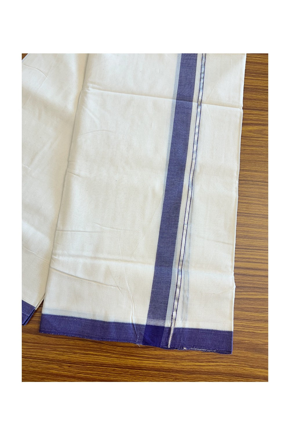 25% DISCOUNT! KaithariKada BALARAMAPURAM HANDLOOM UNAKKUPAAV - 100% PURE Cotton off white (Unbleached) Double Mundu/Dhoti -  1.5inch Silver Kasavu & Blue Violet Kara-55