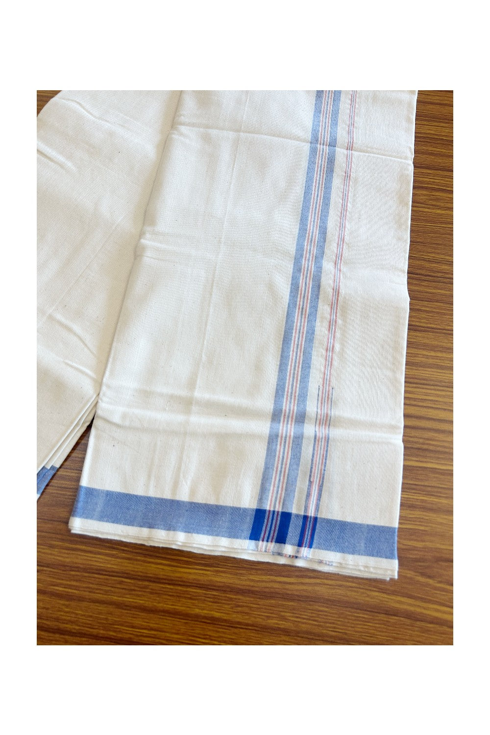 30% Discount ! KaithariKada 100% Cotton Balaramapuram HANDLOOM Single Mundu/Dhoti - Off White (Unbleached) 1.Inch (2 meter / 4 muzham) Blue & Red Stripes Kasavu Puliyilakkara Chutty- KAIR04.