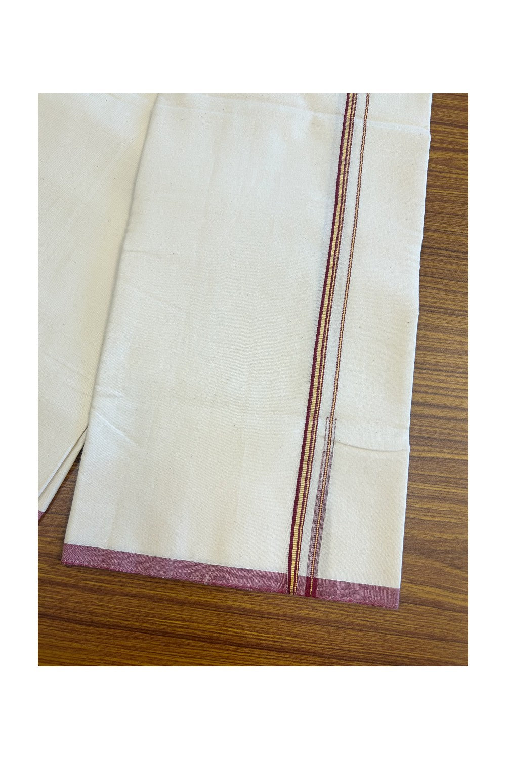 SIGNATURE KAITHARIKADA EXCLUSIVE SINGLE DHOTI - 100% Cotton Balaramapuram HANDLOOM Single Mundu/Dhoti - Off White - (Unbleached) 1 cm Maroon & KASAVU Striped Chutty Kara (2 meter / 4 muzham)- 1KK5075KAI