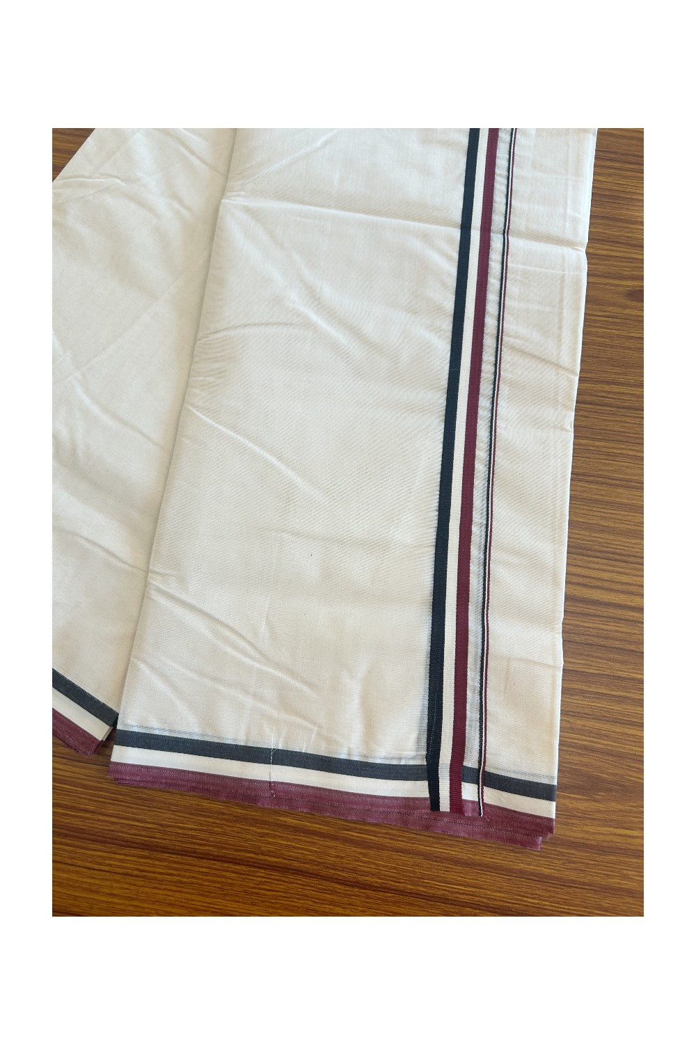 ADMK VESHTI - 23% DISCOUNT! KaithariKada 100% Cotton off white Double - (Unbleached) Mundu/Dhoti - 100X100 - 1 inch Black White & Maroon kara - 1KK5076ASH